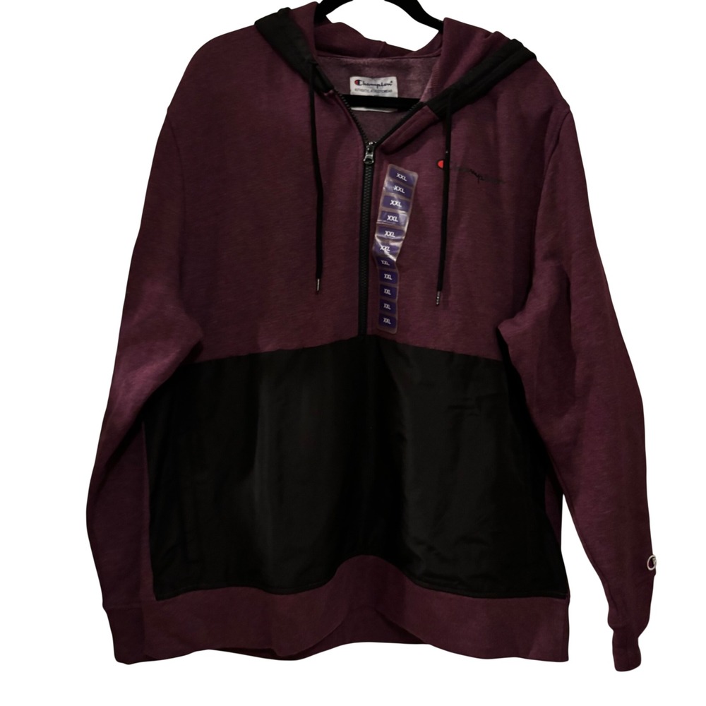 Champion Men's Hoodie XXL NWT Burgundy Black Colorblock Zip Logo Sweatshirt